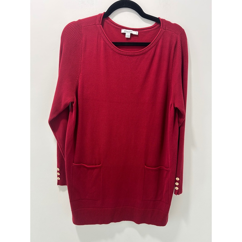 Chicos Red Tunic Sweater Womens 2 Large Ribbed Sleeve Gold Button Pocket Rayon